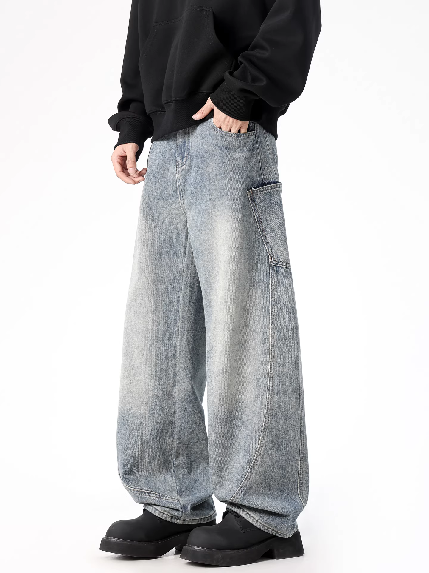 Wukong có sẵn quần jean nam kiểu Mỹ thời thượng, thiết kế xẻ tà, giặt mài, dáng thẳng, quần ống rộng vintage, đa năng, dài chấm đất.