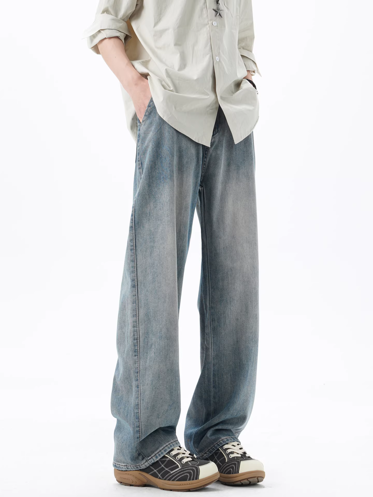 Wukong có sẵn quần jean nam kiểu Mỹ cổ điển, đã qua xử lý làm cũ, dáng thẳng, phong cách đường phố, rộng rãi, đa năng, quần dài thường ngày.