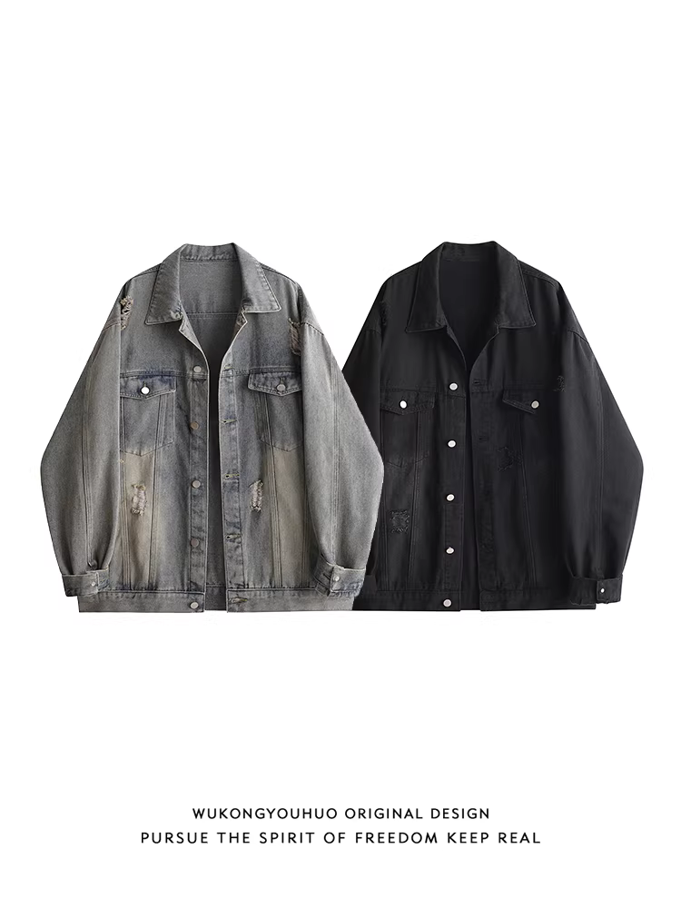 Wukong có sẵn áo khoác denim cũ kỹ, kiểu dáng thời thượng, phong cách đường phố Mỹ, rộng rãi và đa năng dành cho nam và nữ.