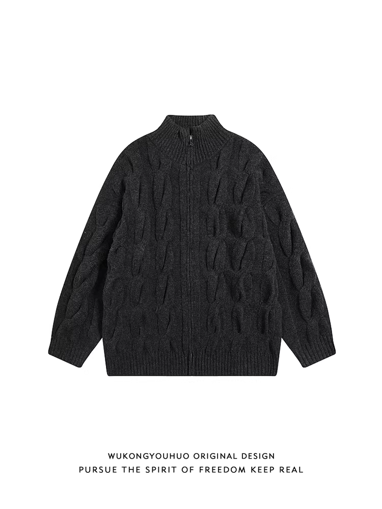 Wukong có sẵn áo len cổ đứng kiểu retro Mỹ dành cho nam và nữ, áo khoác dệt kim đa năng dáng rộng dành cho cặp đôi mùa thu đông.