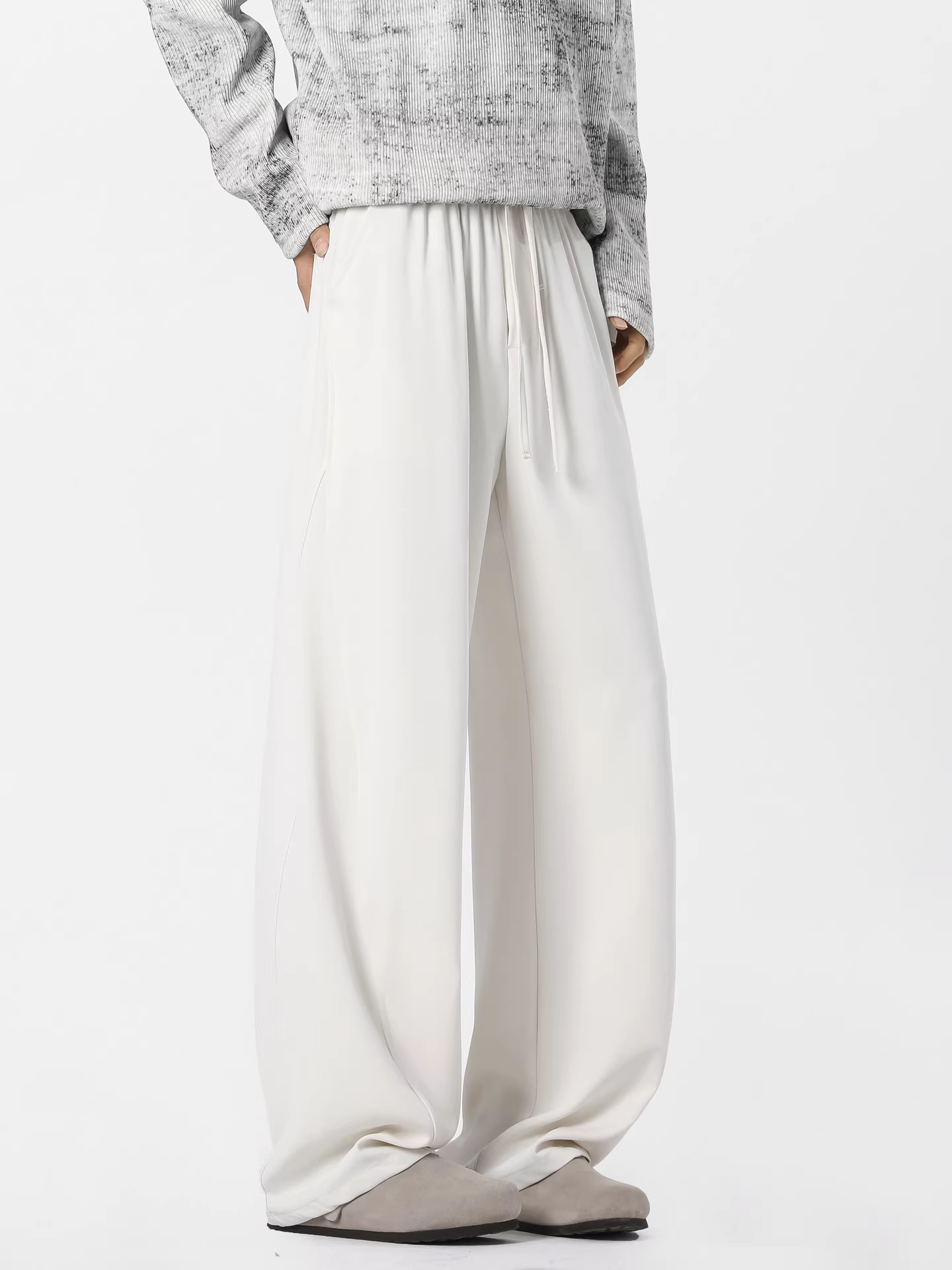 Wukong có sẵn quần âu kiểu kiếm ngắn mùa hè chất liệu lụa băng mỏng, có dây rút, lưng thun, dáng suông, quần thường ngày cho nam, quần ống rộng đa năng.