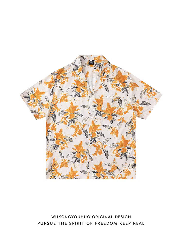 Tôn Ngộ Không có sẵn áo sơ mi nam cổ Cuba tay ngắn in họa tiết hoa cổ điển kiểu Hồng Kông, áo sơ mi hoa đi biển đi nghỉ mát Hawaii.