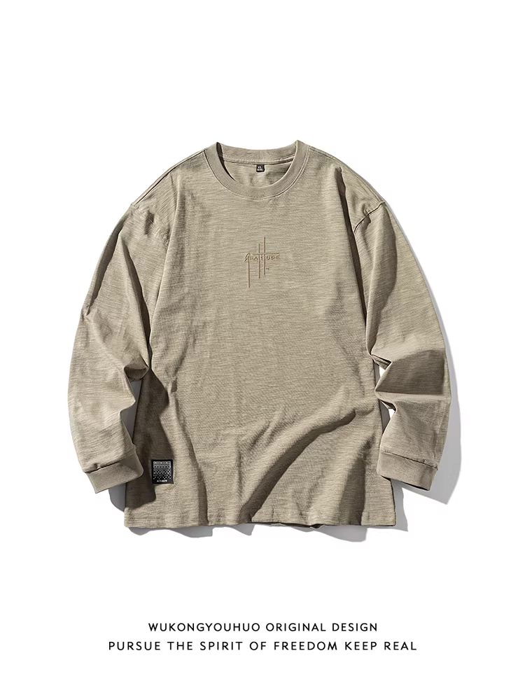 Wukong có sẵn áo thun cotton cổ tròn tay dài thêu chữ kiểu Mỹ cổ điển dành cho nam, áo cặp mùa thu dáng rộng.