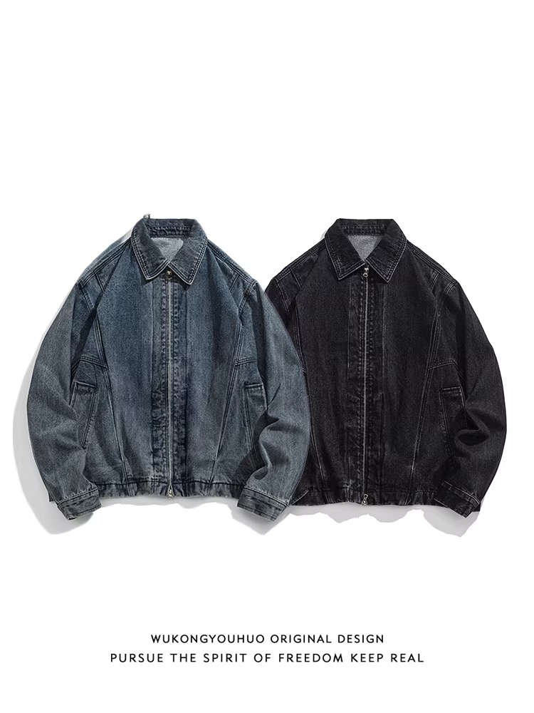 Wukong có sẵn áo khoác denim kiểu Mỹ thời thượng, phối vải, thiết kế phá cách, kiểu dáng cũ kỹ dành cho nam và nữ, áo khoác rộng rãi, thời thượng, đa năng.