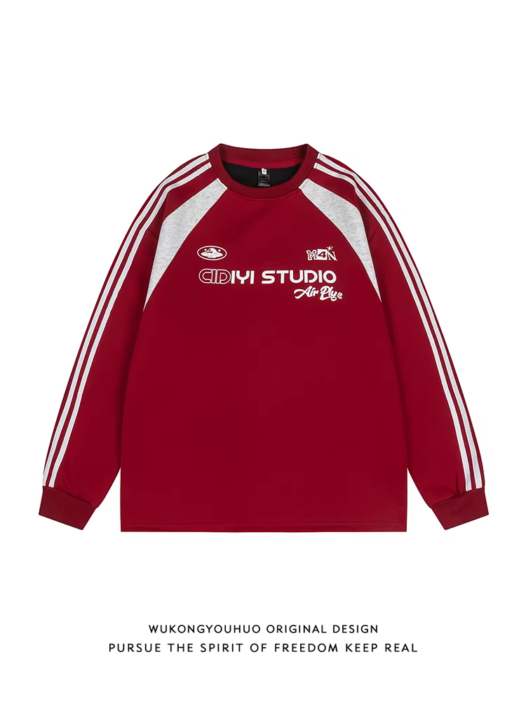 Wukong có sẵn áo thun thể thao dài tay ba sọc kiểu Mỹ cổ điển dành cho nam, phong cách đường phố thời thượng, áo cổ tròn rộng rãi, thoải mái.