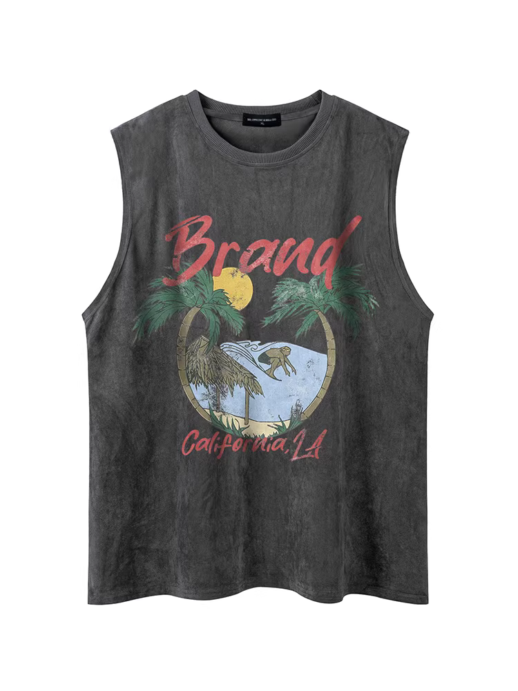 Wukong có sẵn áo vest nam màu hồng in họa tiết da lộn kiểu Mỹ mùa hè, áo thun không tay dáng rộng phong cách retro dành cho cặp đôi.