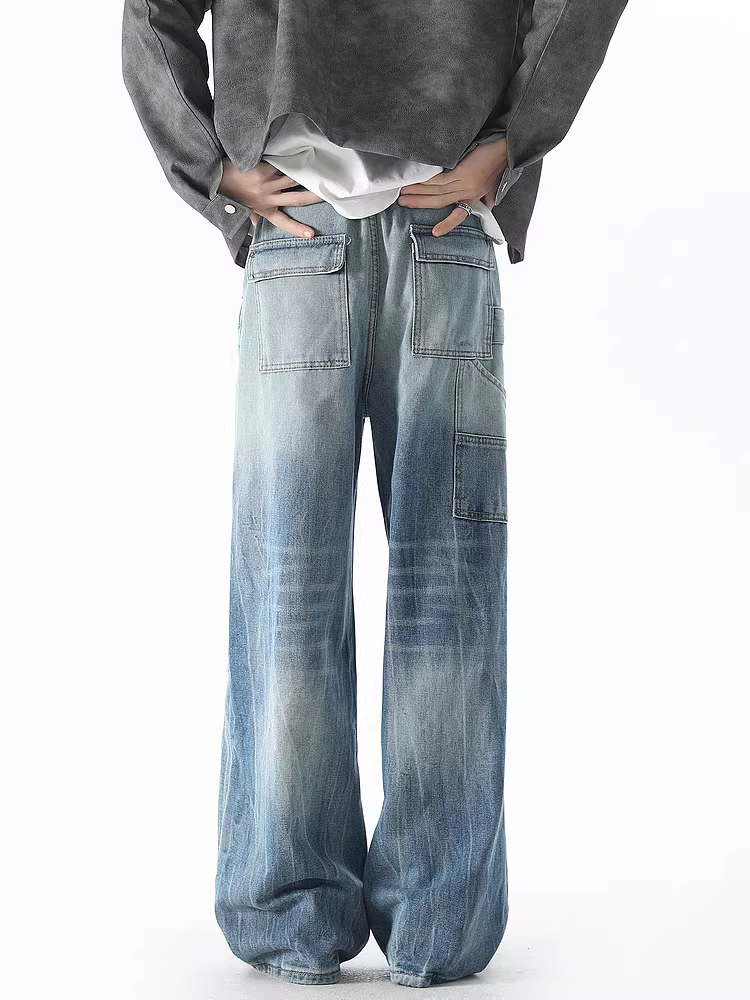 Wukong có sẵn quần jeans kiểu dáng công sở retro Mỹ dành cho nam, quần ống đứng rộng rãi, dài chấm đất, kiểu dáng gọn gàng.