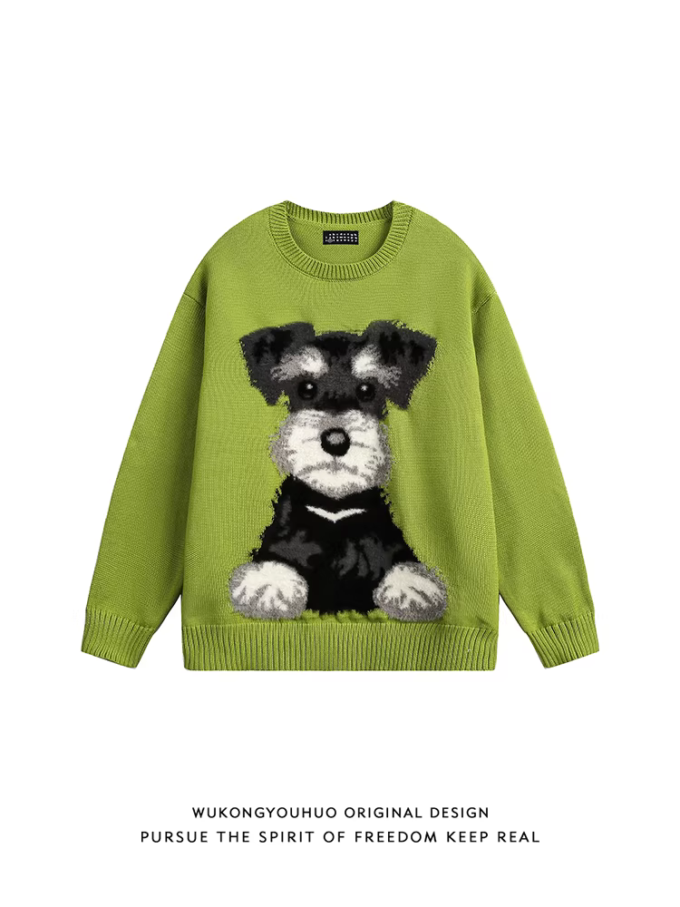 Wukong có sẵn áo len dệt kim cổ tròn họa tiết chó con dành cho nam và nữ, phong cách mùa thu cổ điển, kiểu dáng thoải mái, áo len cặp đôi mặc thường ngày.