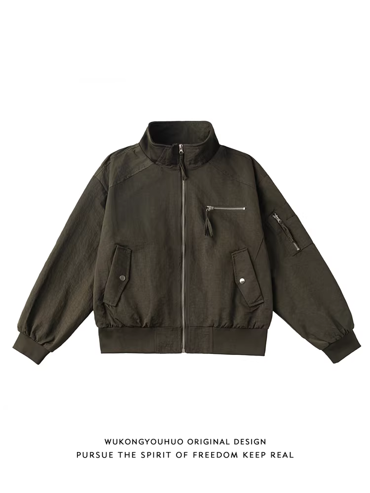 Wukong có sẵn áo khoác bomber cổ đứng phong cách retro Mỹ dành cho nam, áo khoác ngắn rộng kiểu dáng hộp thời thượng mùa thu, phong cách công sở.