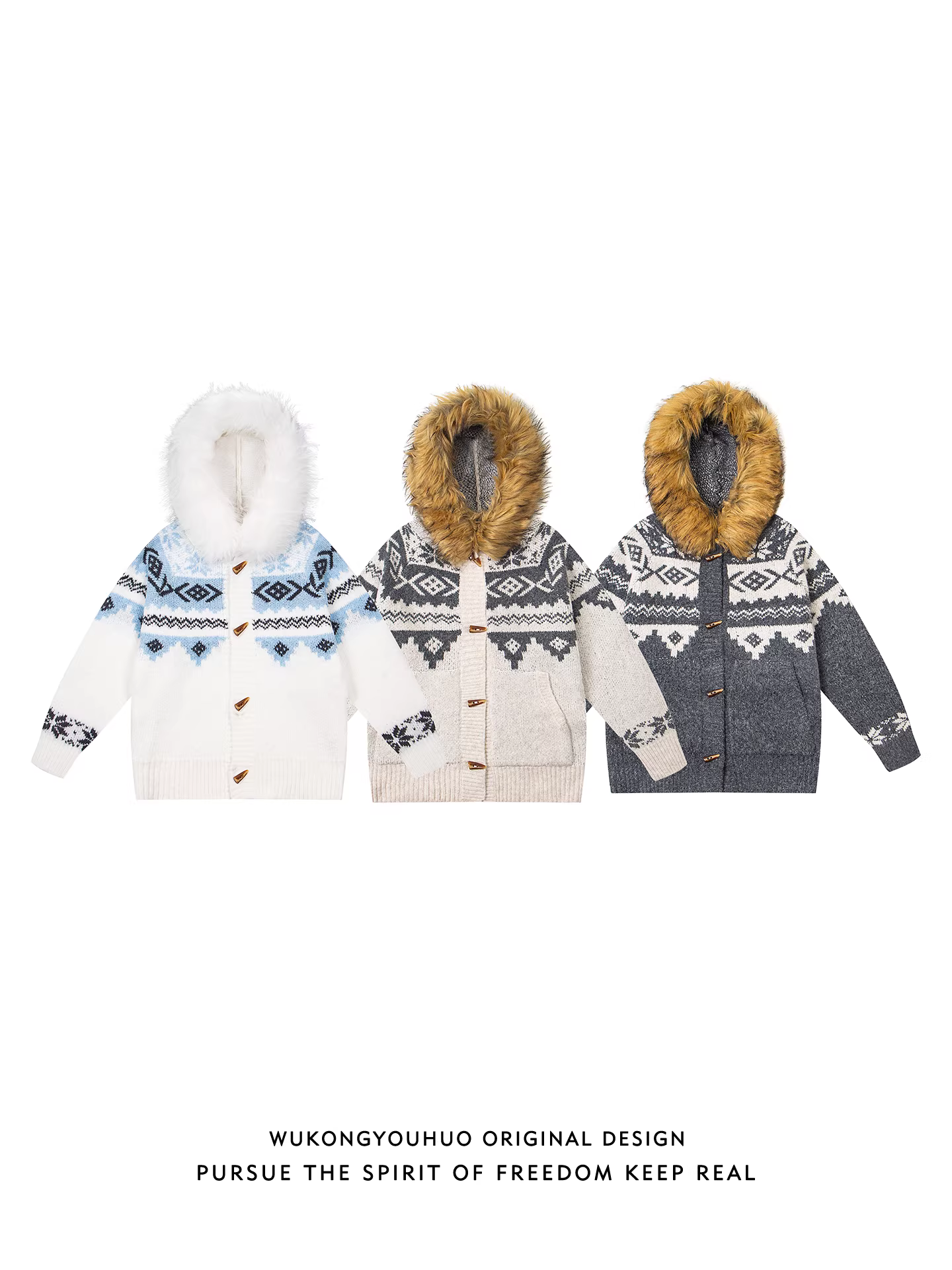 Wukong có sẵn áo len nam cổ lông tháo rời kiểu cổ điển mùa đông, chất liệu len Fair Isle, thương hiệu thời thượng, dáng rộng, kiểu cardigan cài nút.