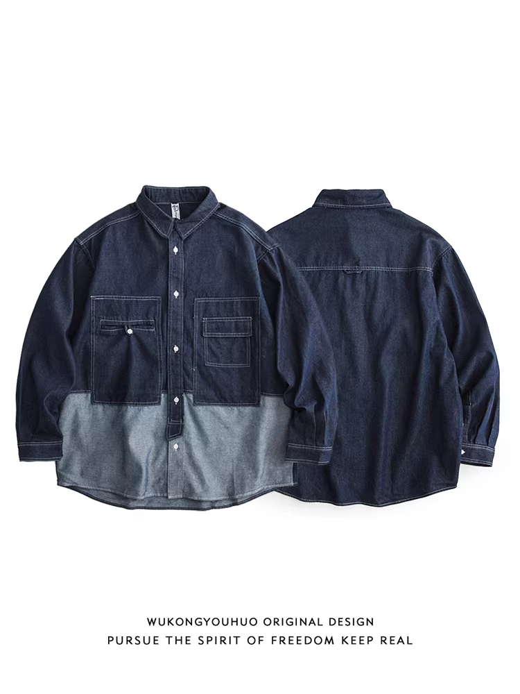 Wukong có sẵn áo khoác sơ mi dài tay phong cách retro Mỹ, phối màu, kiểu dáng công sở dành cho nam, áo khoác mùa thu rộng rãi kiểu BF.