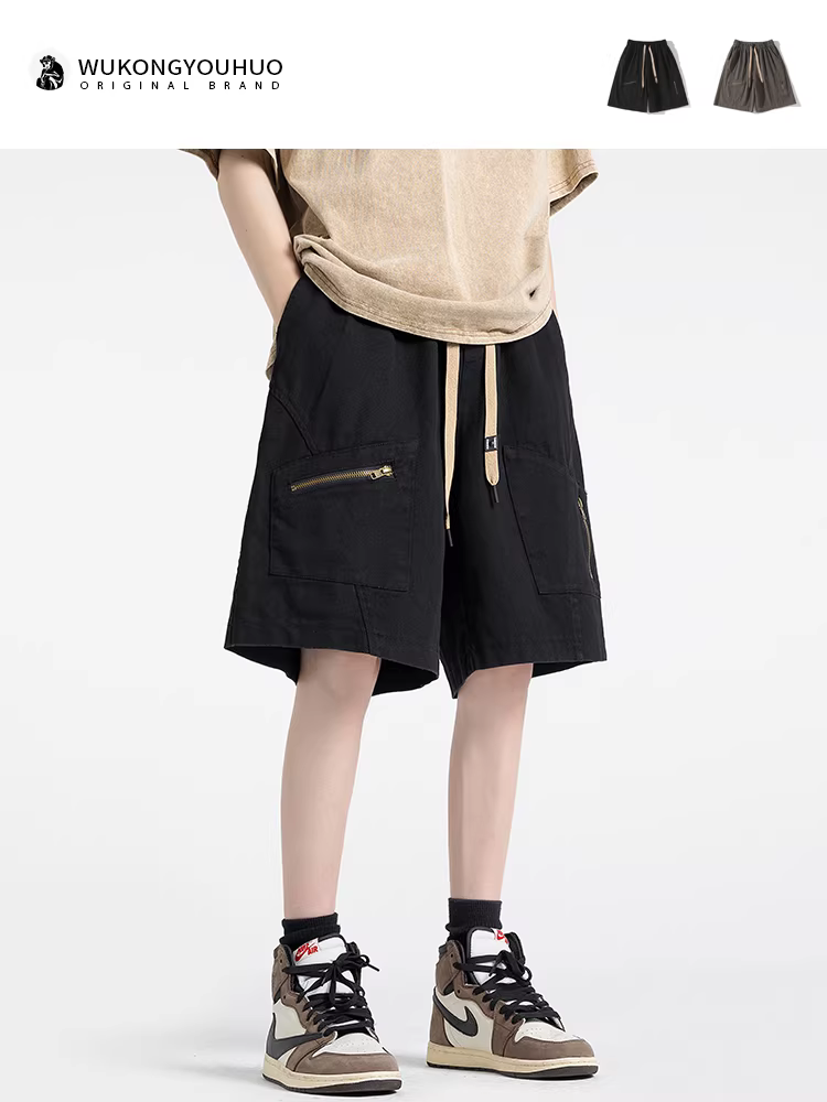 Wukong có sẵn quần short cargo nhiều túi phong cách Nhật Bản cổ điển dành cho nam, kiểu dáng thời trang đường phố mùa hè, rộng rãi, đa năng, quần short năm phần.