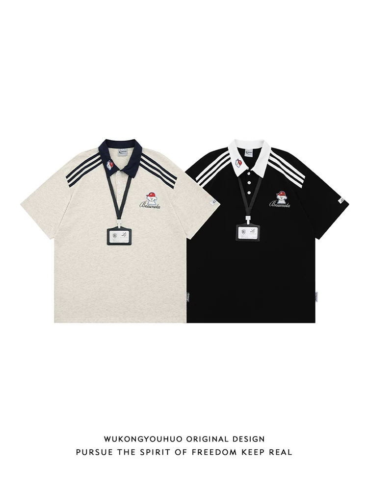 Wukong có sẵn áo sơ mi POLO ngắn tay phối màu theo phong cách retro Mỹ dành cho nam và nữ, thương hiệu thời thượng, phong cách đại học, áo thun đa năng dành cho cặp đôi.