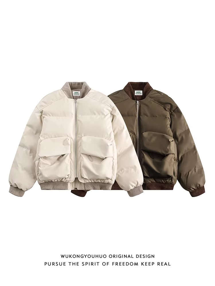 Wukong có sẵn áo khoác cotton cổ đứng dày dặn phong cách retro Mỹ mùa đông dành cho nam, thương hiệu thời thượng, dáng rộng, ấm áp và đa năng.