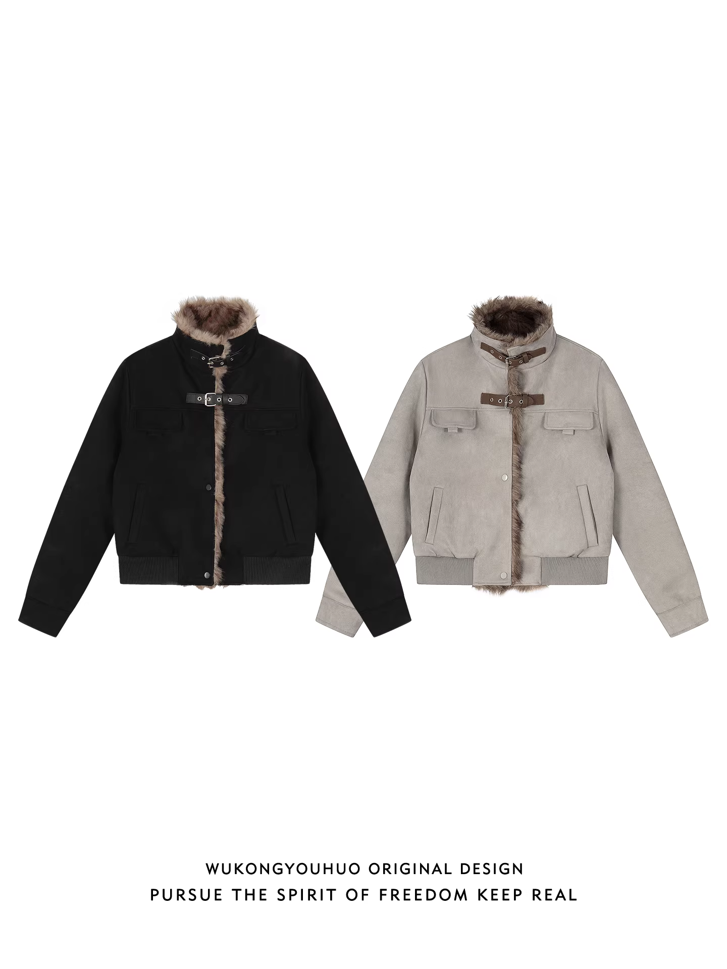 Áo khoác ngắn lót lông cừu dày dặn mùa đông Wukong Youhuo Zuo Shandiao dành cho nam, chất liệu da và lông thú tích hợp, cổ đứng, kiểu áo khoác xe máy