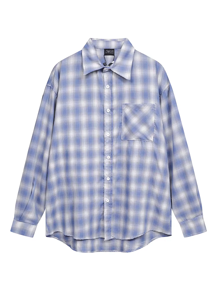 Wukong có sẵn áo sơ mi nam dài tay kẻ xanh thời trang xuân thu, kiểu dáng rộng rãi, áo cặp đa năng, phong cách thường ngày.