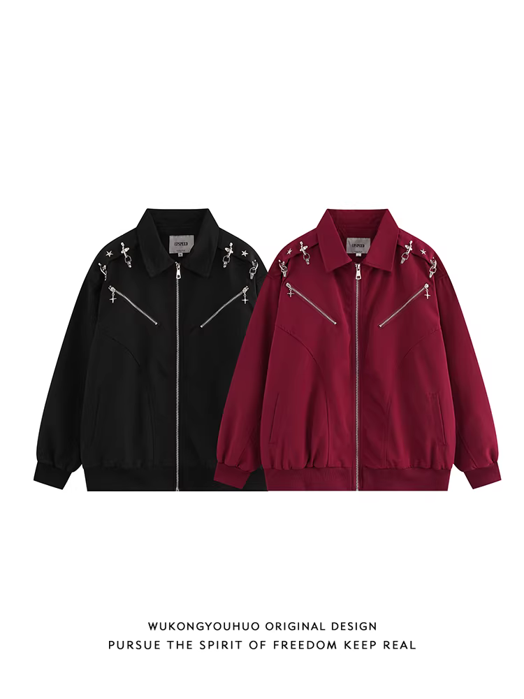 Wukong có sẵn áo khoác công nhân nam kiểu dáng thời trang, khóa kim loại hình máy bay, phong cách đường phố Mỹ, kiểu áo khoác phi công.
