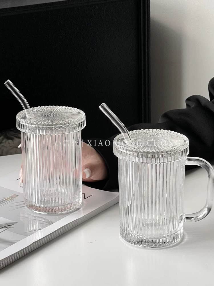 Ly thủy tinh sọc kiểu Ins có nắp và ống hút, ly nước đơn giản, ly gia dụng, ly uống nước, ly sữa, ly ăn sáng