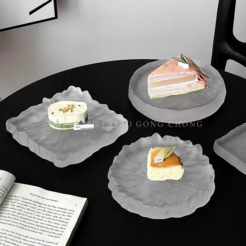 Đĩa thủy tinh mờ kiểu băng giá, khay đựng món ăn lạnh cao cấp, đĩa sushi, đế trưng bày bánh ngọt sáng tạo cho tiệc chiêu đãi