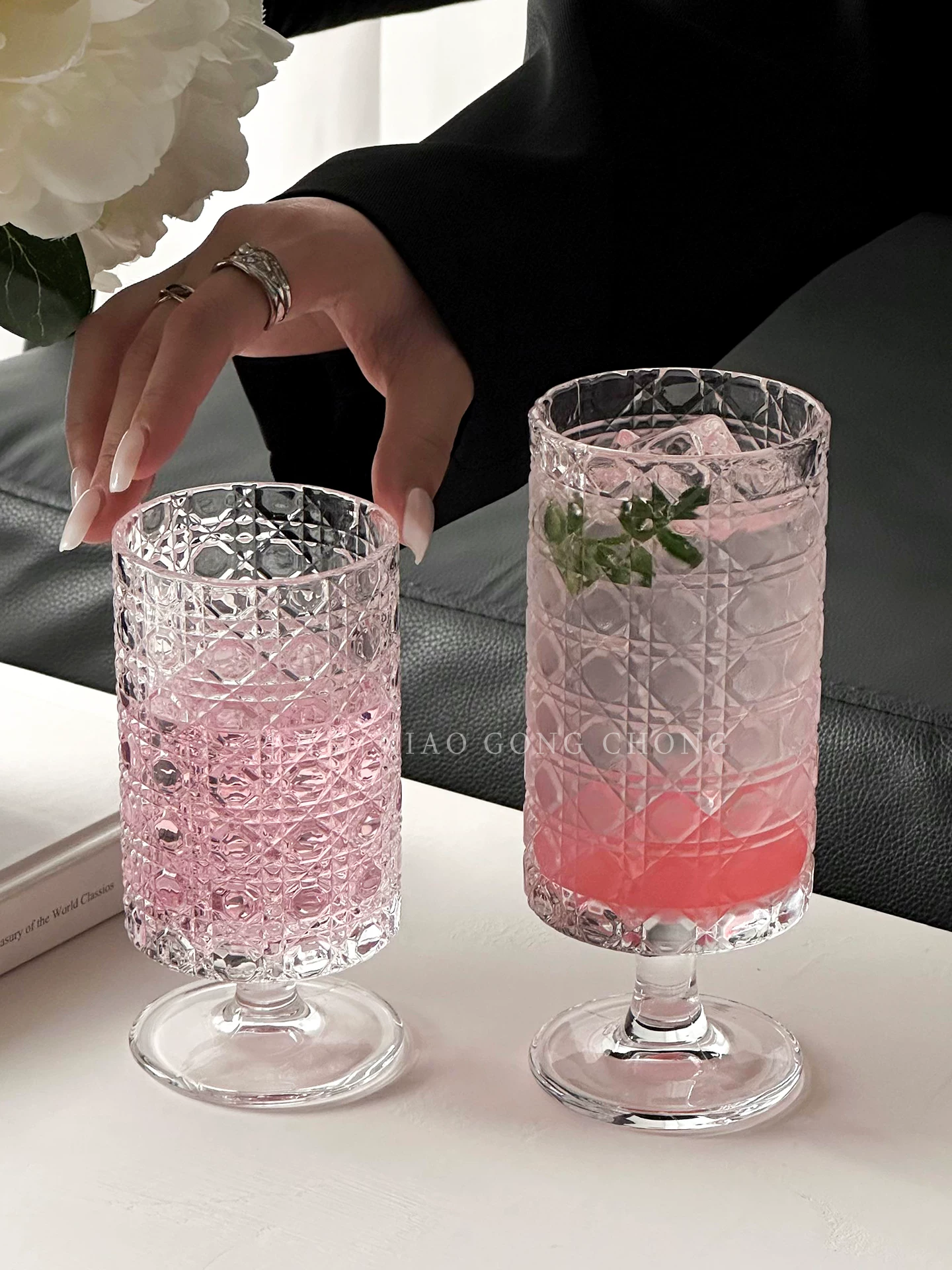 Ly nước cao họa tiết đá quý cổ điển, ly thủy tinh cao cấp gia dụng, ly cà phê đá Mỹ, ly uống nước, ly rượu