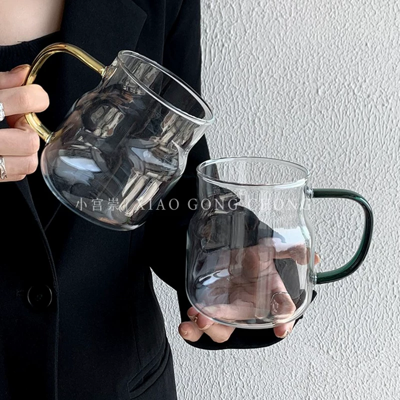 Cốc thủy tinh dung tích lớn có tay cầm, cốc nước chịu nhiệt bằng thủy tinh borosilicate cao cấp phong cách ins, cốc cà phê, cốc sữa, cốc nước ép.