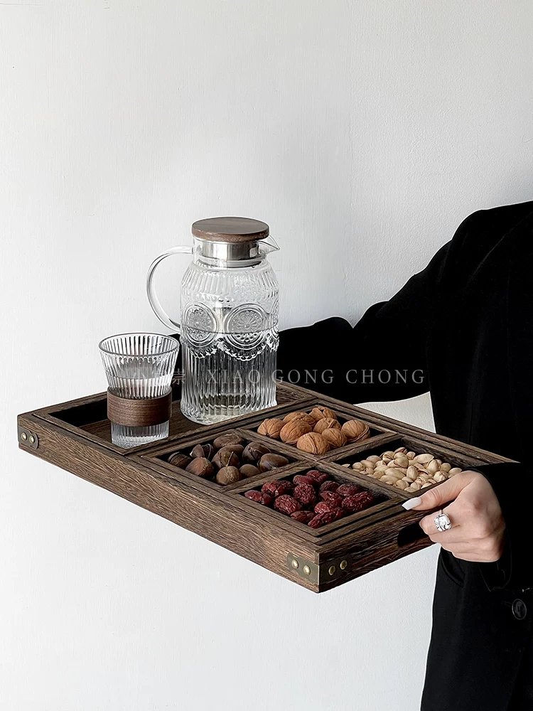 Khay gỗ kiểu Trung Quốc có bốn ngăn đựng trái cây khô, khay đựng đồ ăn nhẹ, khay đựng bánh ngọt cho bữa trà chiều, phụ kiện trà, khay đựng trái cây