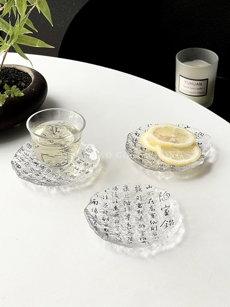 Thư pháp trên bức tường phòng tồi tàn, Đĩa băng, Đế ly kiểu Trung Hoa mới, Khay trà thủy tinh sáng tạo, Đĩa đựng nước chấm, Đĩa tráng miệng, Tách trà