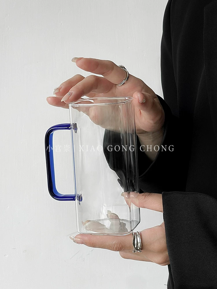 Ly thủy tinh vuông kiểu Instagram có quai cầm, dùng trong nhà, chất liệu thủy tinh borosilicate cao cấp chịu nhiệt, ly ăn sáng, ly sữa, ly cà phê.