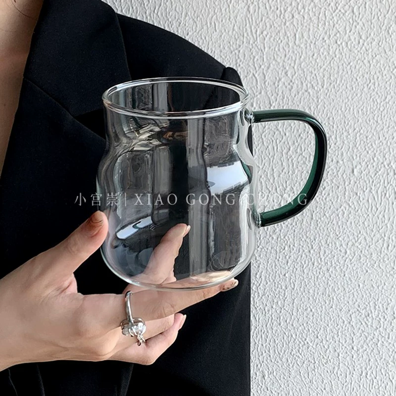 Cốc thủy tinh dung tích lớn có tay cầm, cốc nước chịu nhiệt bằng thủy tinh borosilicate cao cấp phong cách ins, cốc cà phê, cốc sữa, cốc nước ép.