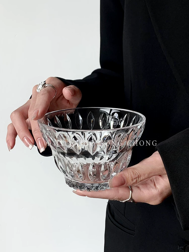 Bát tráng miệng pha lê khắc hoa văn cổ điển, bát ăn sáng, bát trái cây, bát kem