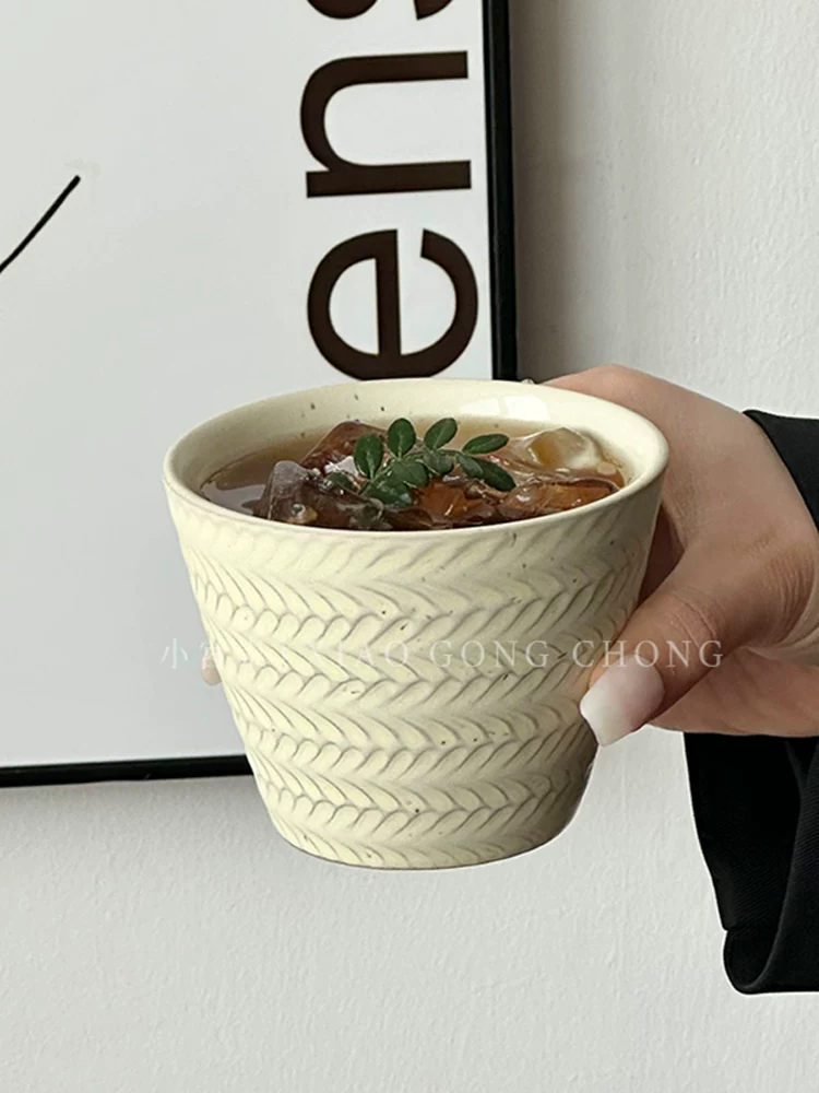Ly cà phê gốm sứ hoa văn lúa mạch nổi cổ điển, men lò Nhật Bản, kiểu miệng lợn, ly latte nghệ thuật cao cấp, ly trà