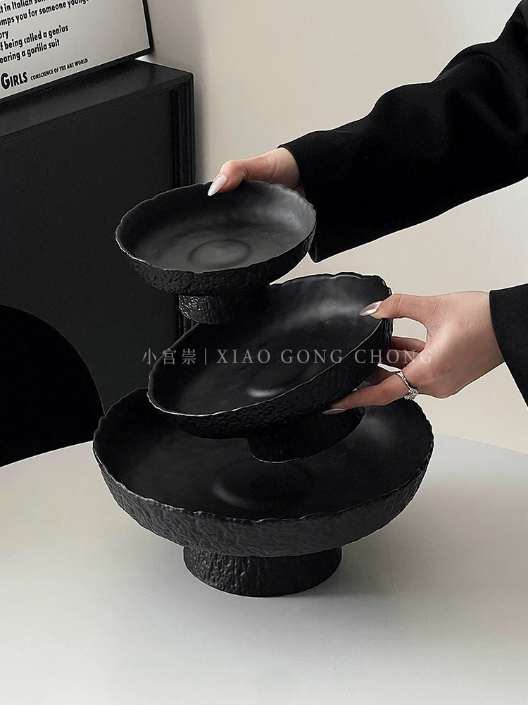 Đĩa trái cây cao cấp màu đen mờ để bàn cà phê phòng khách, đĩa trưng bày đồ ăn nhẹ, đĩa trái cây khô nhiều tầng bằng kính.