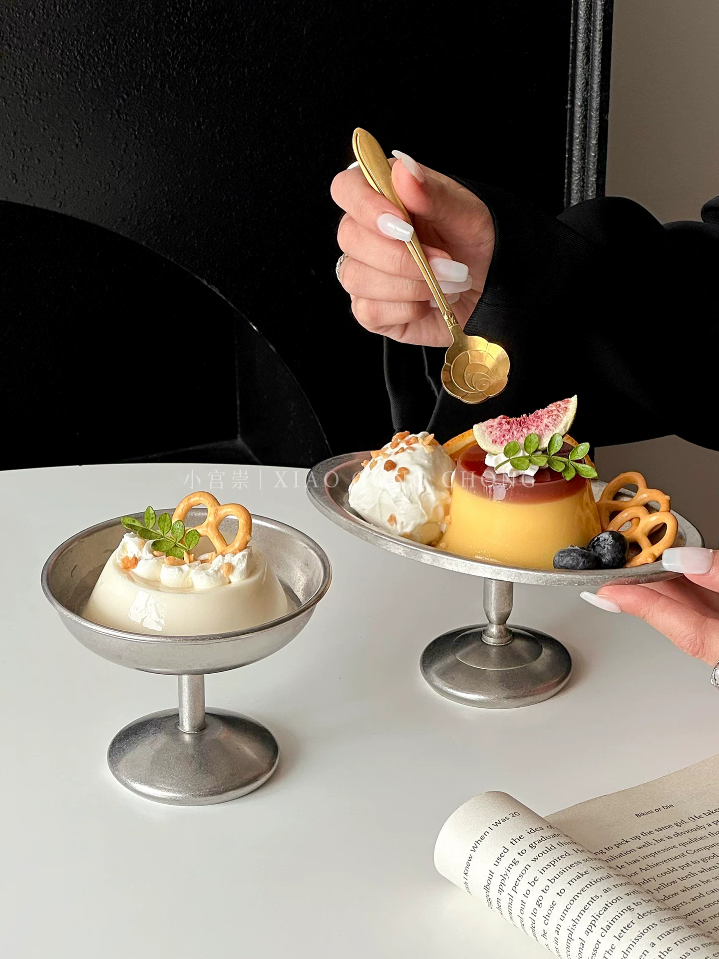 Ly tráng miệng cao bằng thép không gỉ 304 kiểu cổ điển, bát pudding cao cấp, bát trái cây, bát kem