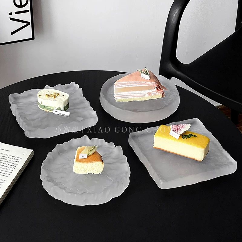Đĩa thủy tinh mờ kiểu băng giá, khay đựng món ăn lạnh cao cấp, đĩa sushi, đế trưng bày bánh ngọt sáng tạo cho tiệc chiêu đãi