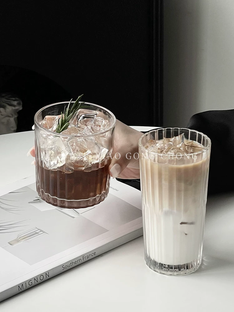 Ly thủy tinh cổ điển, ly cà phê đá kiểu Mỹ, ly latte đá sọc dọc phong cách ins, ly uống nước lạnh, ly sữa, ly nước ép