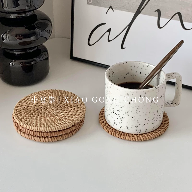 Đế lót ly bằng mây thủ công phong cách Ins, đệm cách nhiệt dệt, đế lót bát, đồ dùng gia đình chống bỏng, thảm trà chống trượt, đế lót ly tròn