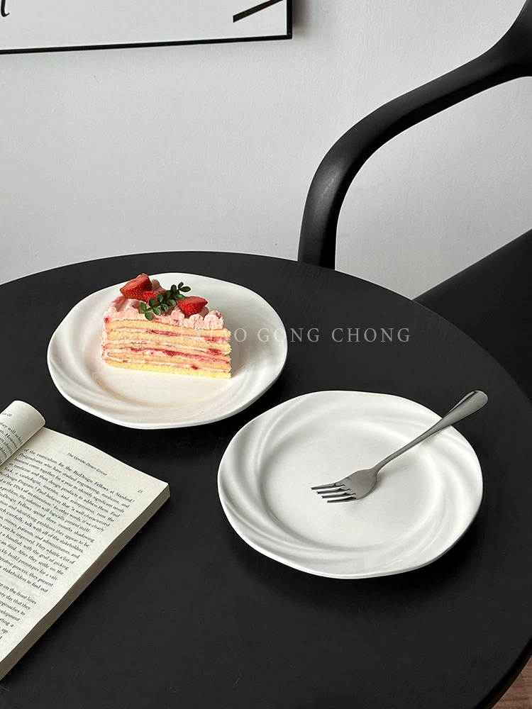 Đĩa bánh gốm sứ trắng tinh khiết phong cách Ins, đĩa tráng miệng cao cấp, đĩa trái cây ăn nhẹ gia đình, đĩa nông dùng cho trà chiều, bộ đồ ăn