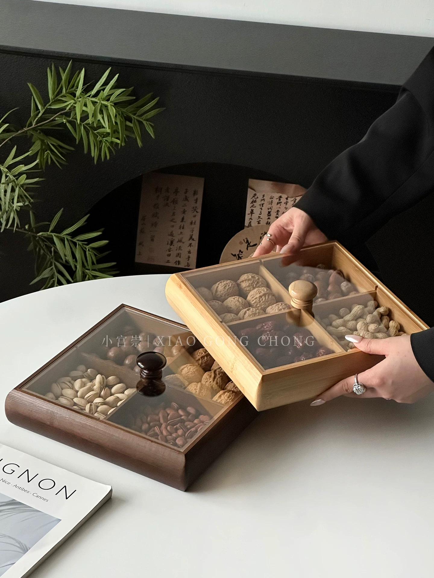 Khay đựng trái cây khô có bốn ngăn, khay đựng đồ ăn nhẹ, thẩm mỹ cao, khay phòng khách gia đình có nắp, khay đựng trái cây, khay đựng món tráng miệng, khay trà.