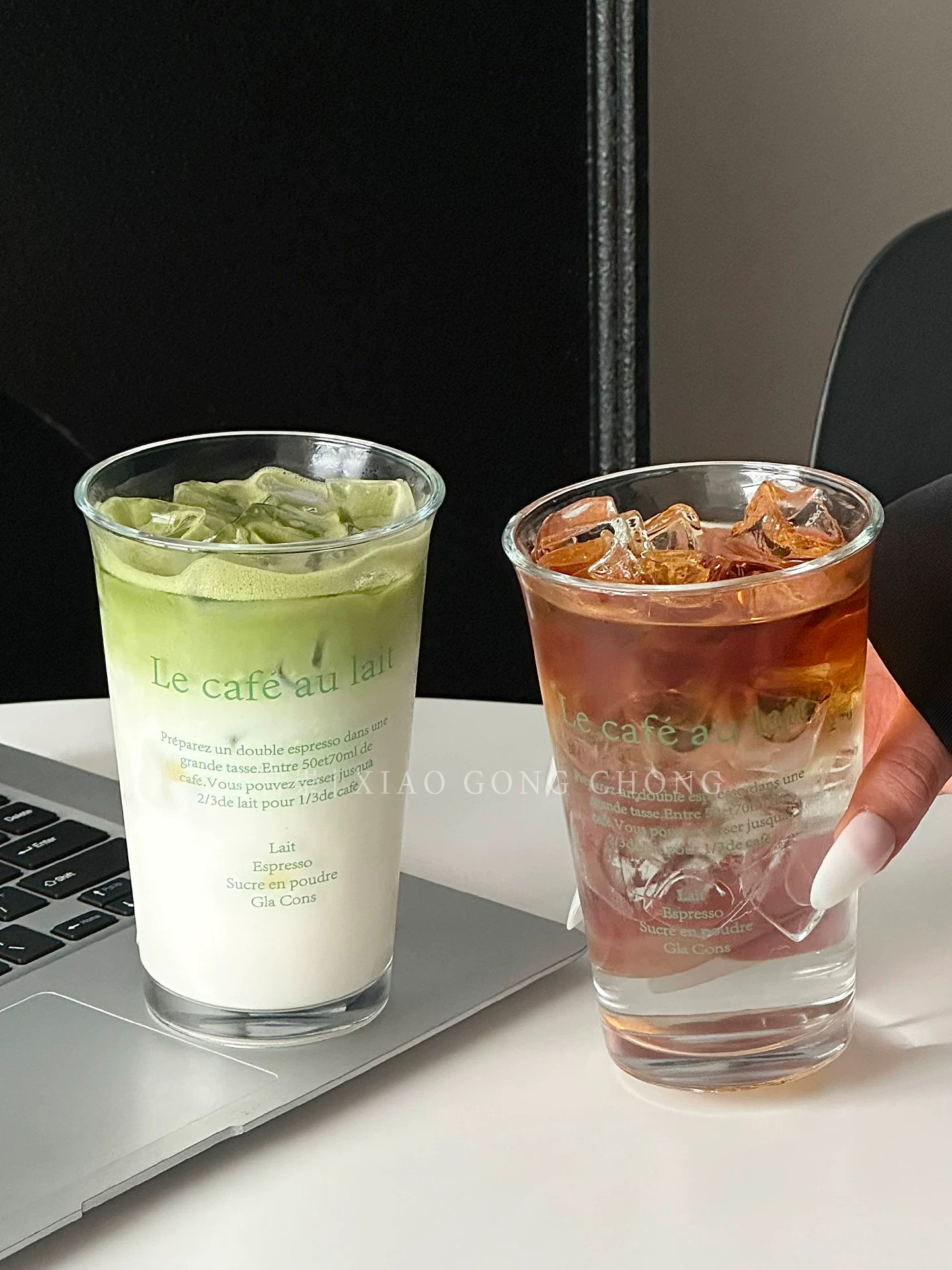 Cốc thủy tinh chữ xanh phong cách Ins cốc cà phê cốc latte Mỹ đá cốc sữa gia dụng cốc ăn sáng cốc nước