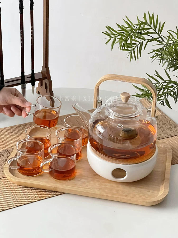 Ấm trà thủy tinh, ấm trà gia dụng chịu nhiệt cao kiểu Trung Quốc có tay cầm, bộ tách trà, bình giữ ấm trà, bộ trà hoa giữ sức khỏe, pha trà quanh bếp.