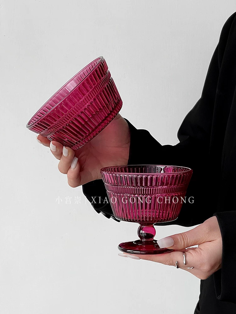 Ly kem sọc dọc màu đỏ hồng phong cách Ins, ly sữa chua gia dụng, bát tráng miệng, bát ăn sáng, bát salad, ly thủy tinh cao