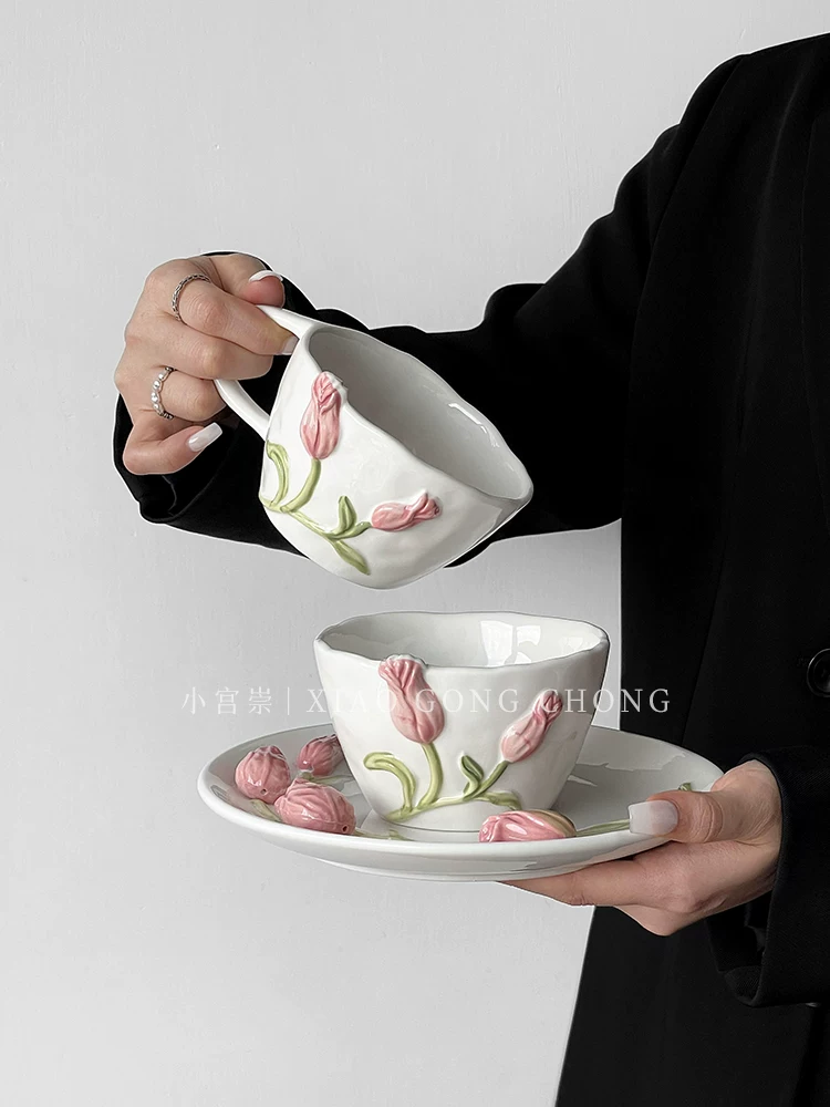 Bộ tách trà cà phê hoa tulip nổi 3D phong cách Pháp, tách và đĩa độc đáo, thiết kế độc lạ, tách kiểu nữ tính.