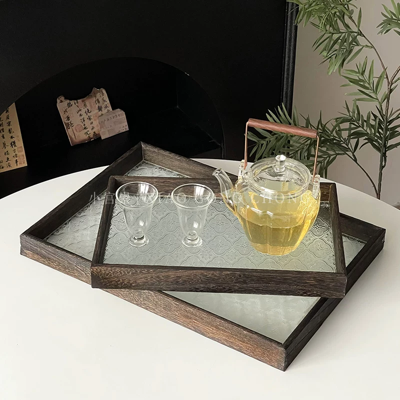 Khay thủy tinh hoa mẫu đơn kiểu Trung Hoa, đĩa gỗ hình chữ nhật cổ điển, khay đựng trái cây gia dụng, khay trà, khay đựng đồ