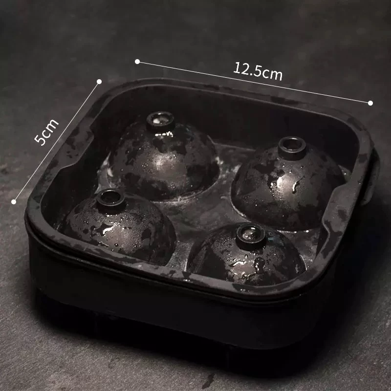 Khay làm đá viên hình cầu bốn ngăn có nắp, khay làm đá viên tròn bằng silicon dành cho rượu whisky, khuôn làm đá viên hình cầu cho bartender.