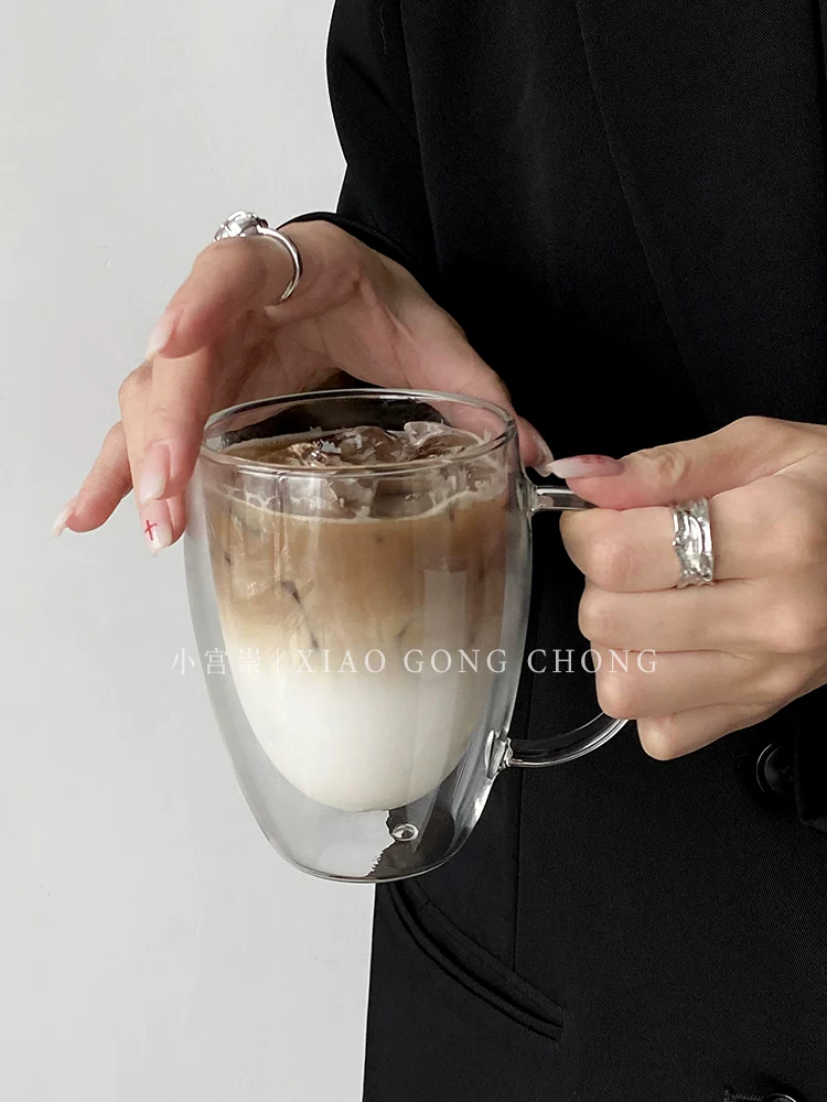 Cốc thủy tinh hai lớp cách nhiệt trong suốt kiểu dáng đơn giản có tay cầm, cốc cà phê gia dụng chống bỏng, cốc latte, cốc uống nước