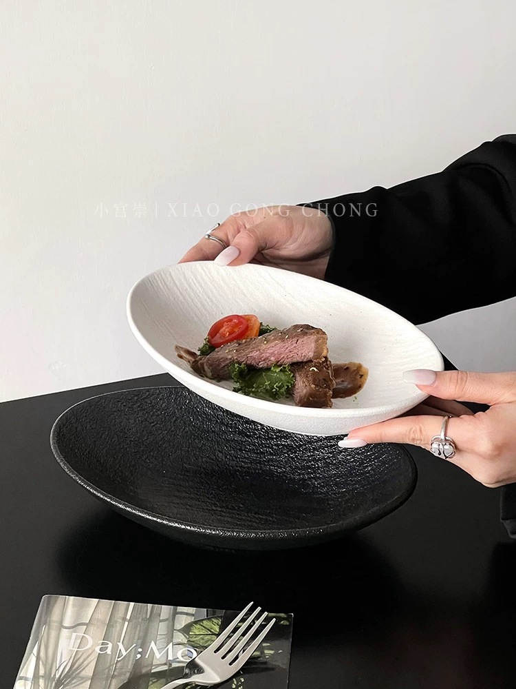Đĩa gốm hình bầu dục họa tiết đá sáng tạo dùng trong gia đình, đĩa kiểu Tây cao cấp, đĩa steak, đĩa cá, đĩa rau, đĩa salad