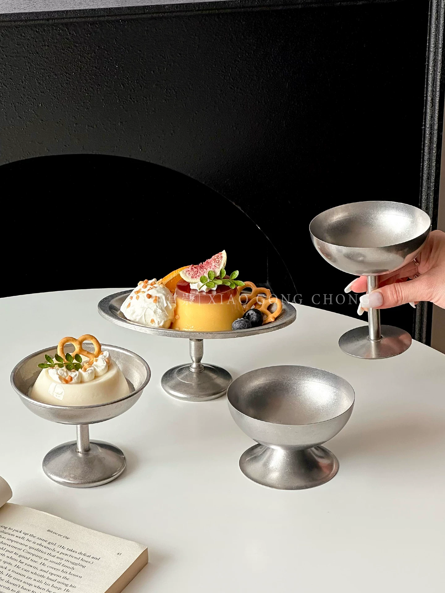 Ly tráng miệng cao bằng thép không gỉ 304 kiểu cổ điển, bát pudding cao cấp, bát trái cây, bát kem