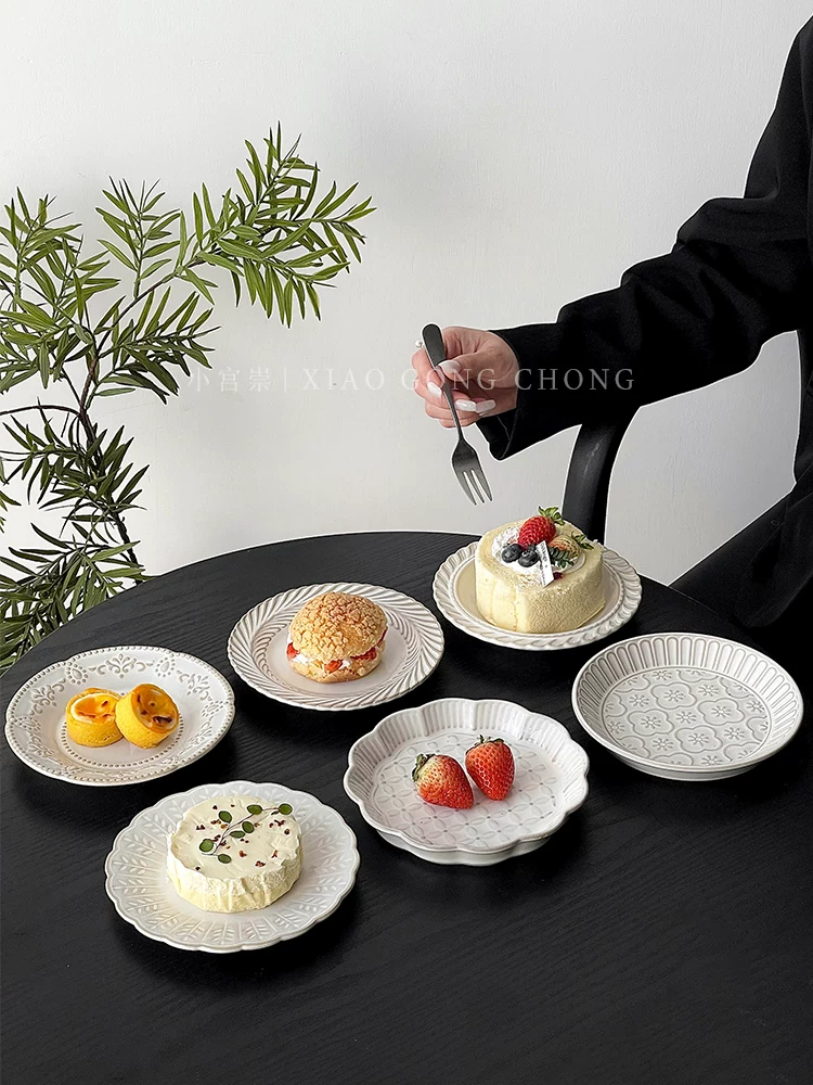 Đĩa gốm sứ kiểu Pháp cổ điển, đĩa tráng miệng nổi gân tạo kiểu độc đáo, đĩa bánh ngọt dùng cho trà chiều, đĩa mì kiểu Tây