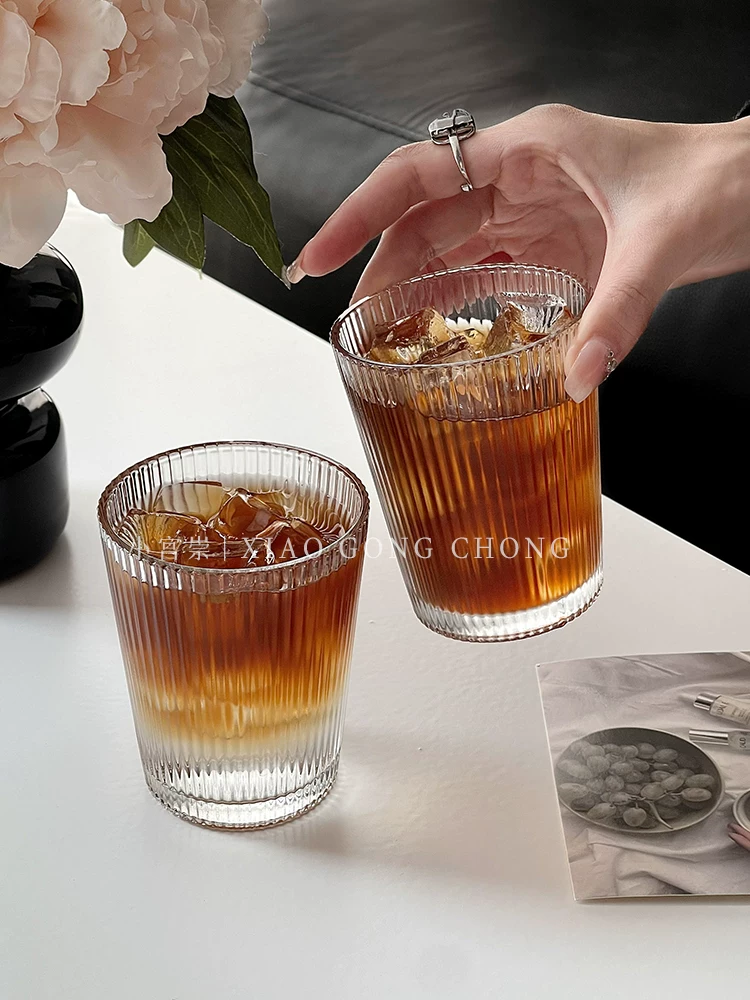 Ly thủy tinh sọc đơn giản kiểu Nhật, ly cà phê đá Americano, ly sữa phong cách ins, ly trà, ly nước gia dụng, ly nước giải khát.