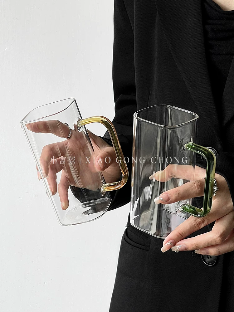 Ly thủy tinh vuông kiểu Instagram có quai cầm, dùng trong nhà, chất liệu thủy tinh borosilicate cao cấp chịu nhiệt, ly ăn sáng, ly sữa, ly cà phê.